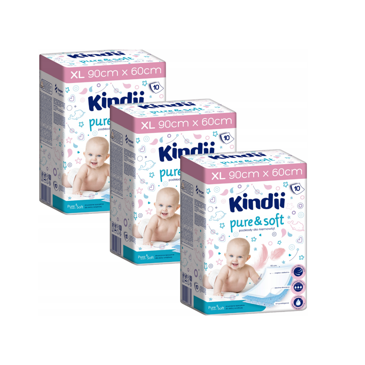 Kindii Pure & Soft vienkartinės vystymo paklodės (90x60 cm, 3x10 vnt.)