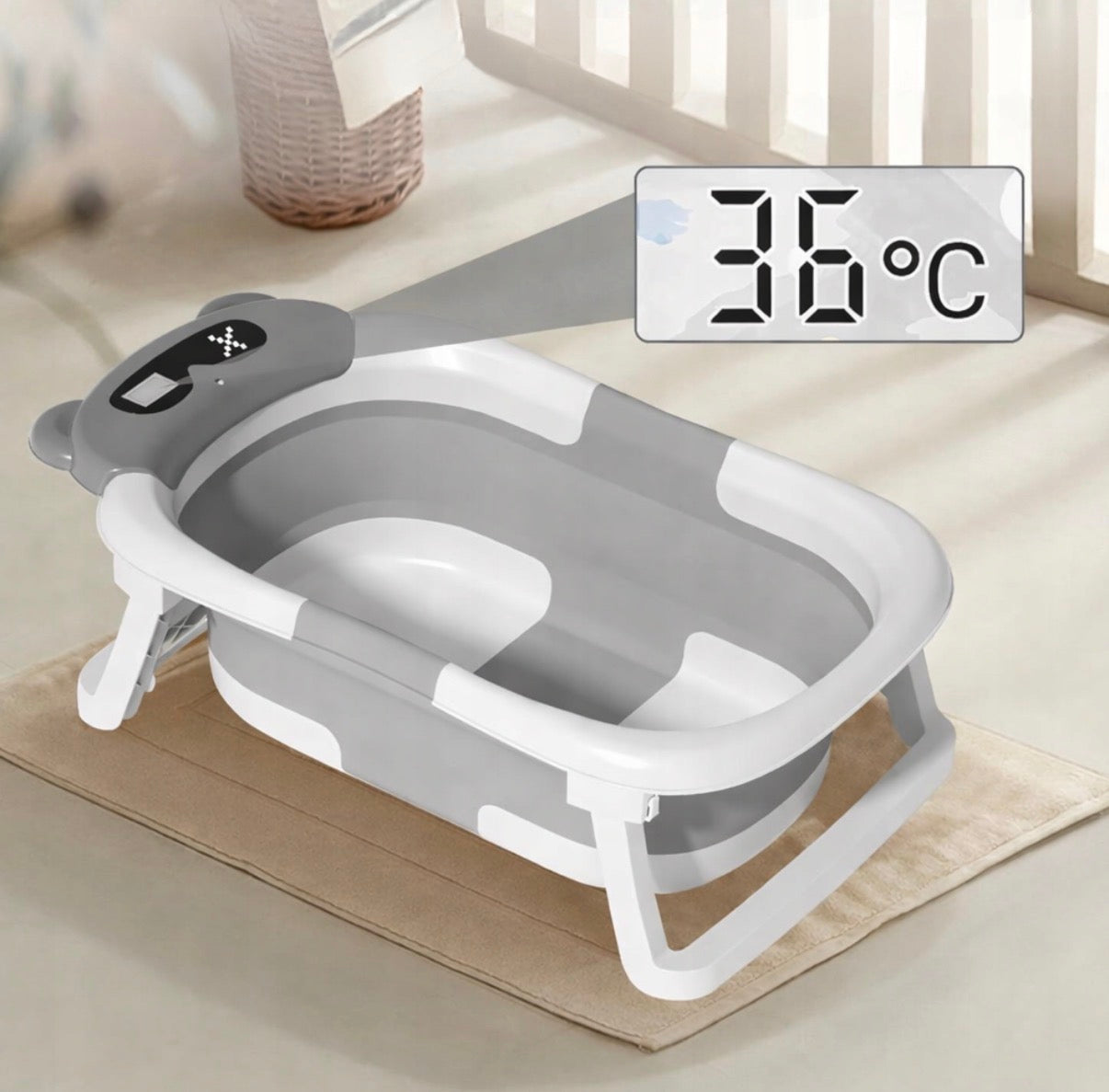 Sulankstoma kūdikio vonelė su LCD termometru ir maudymo pagalvėle „Meškiukas“