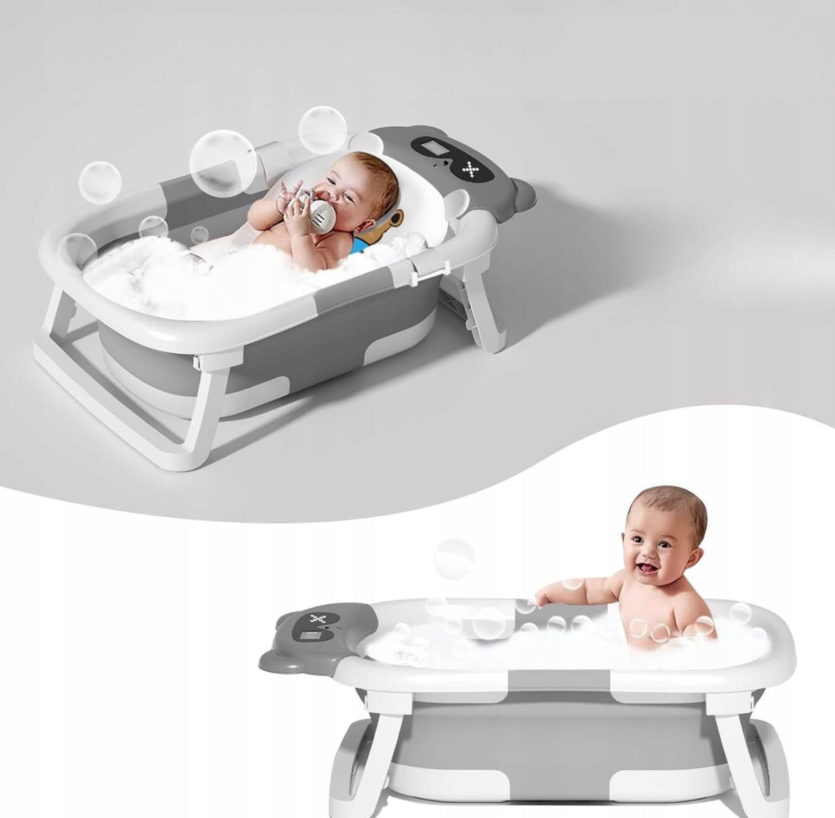 Sulankstoma kūdikio vonelė su LCD termometru ir maudymo pagalvėle „Meškiukas“