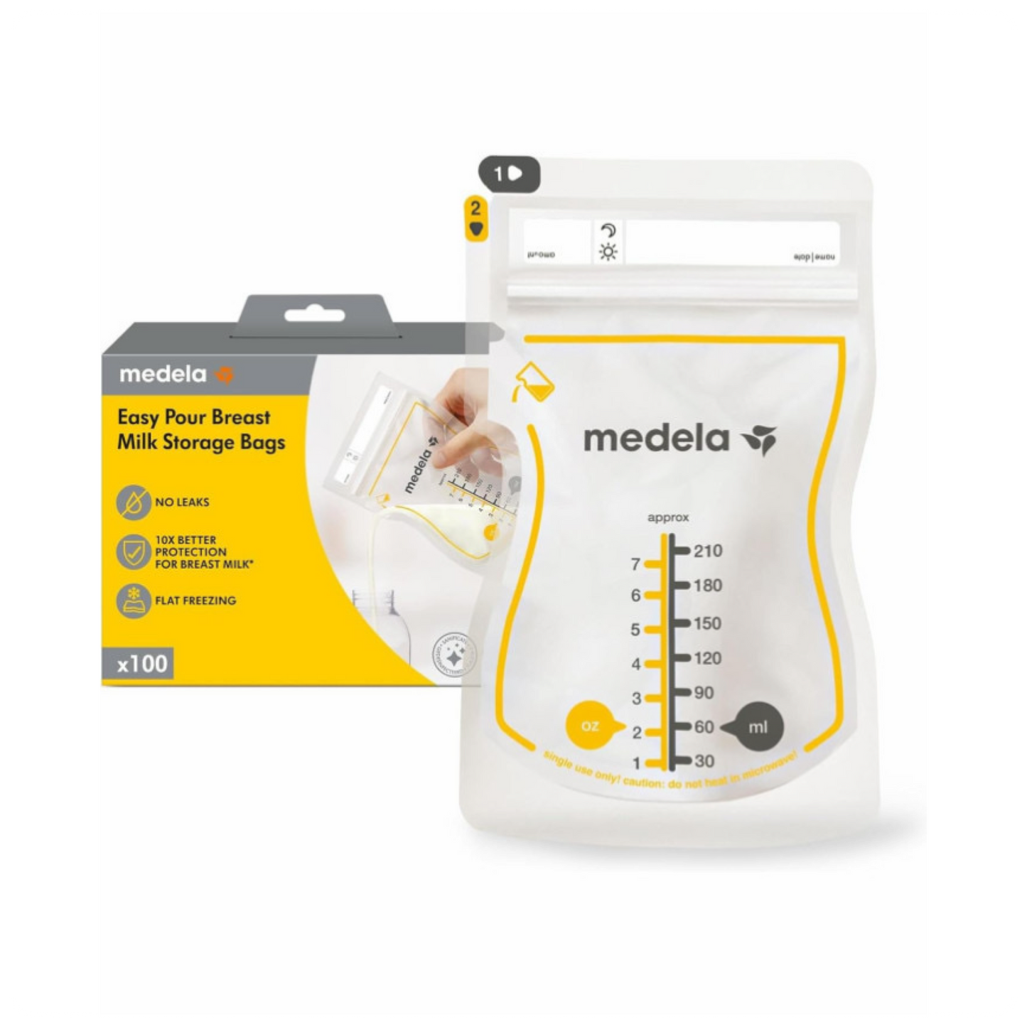 MEDELA EASY POUR MOTINOS PIENO LAIKYMO MAIŠELIAI, 210 ML, 100 VNT.