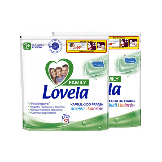 Lovela Family skalbimo kapsulės baltiems ir spalvotiems drabužiams - 64 vnt.